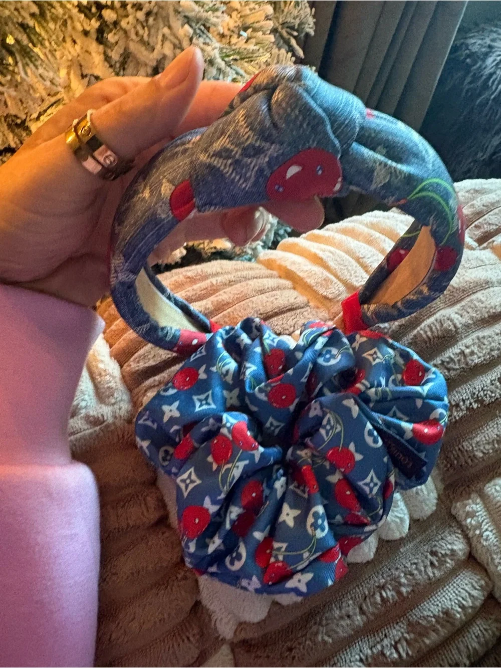 Fashion Blue Cherry Print Kids Headband & Scrunchie Set